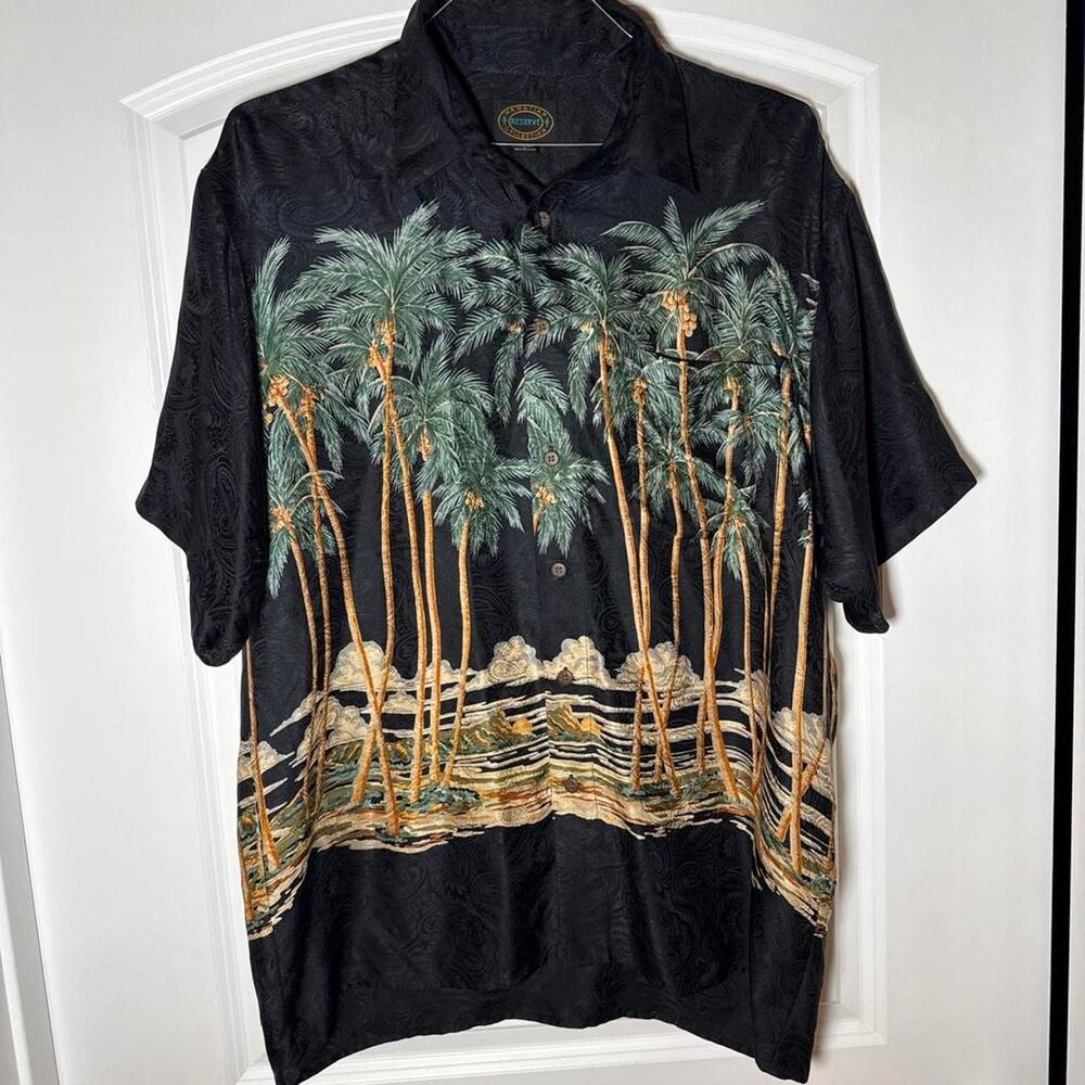 Hawaiian Reserve 100% Silk Palm Tree Button Up Shirt Men Large Tropical Vintage
